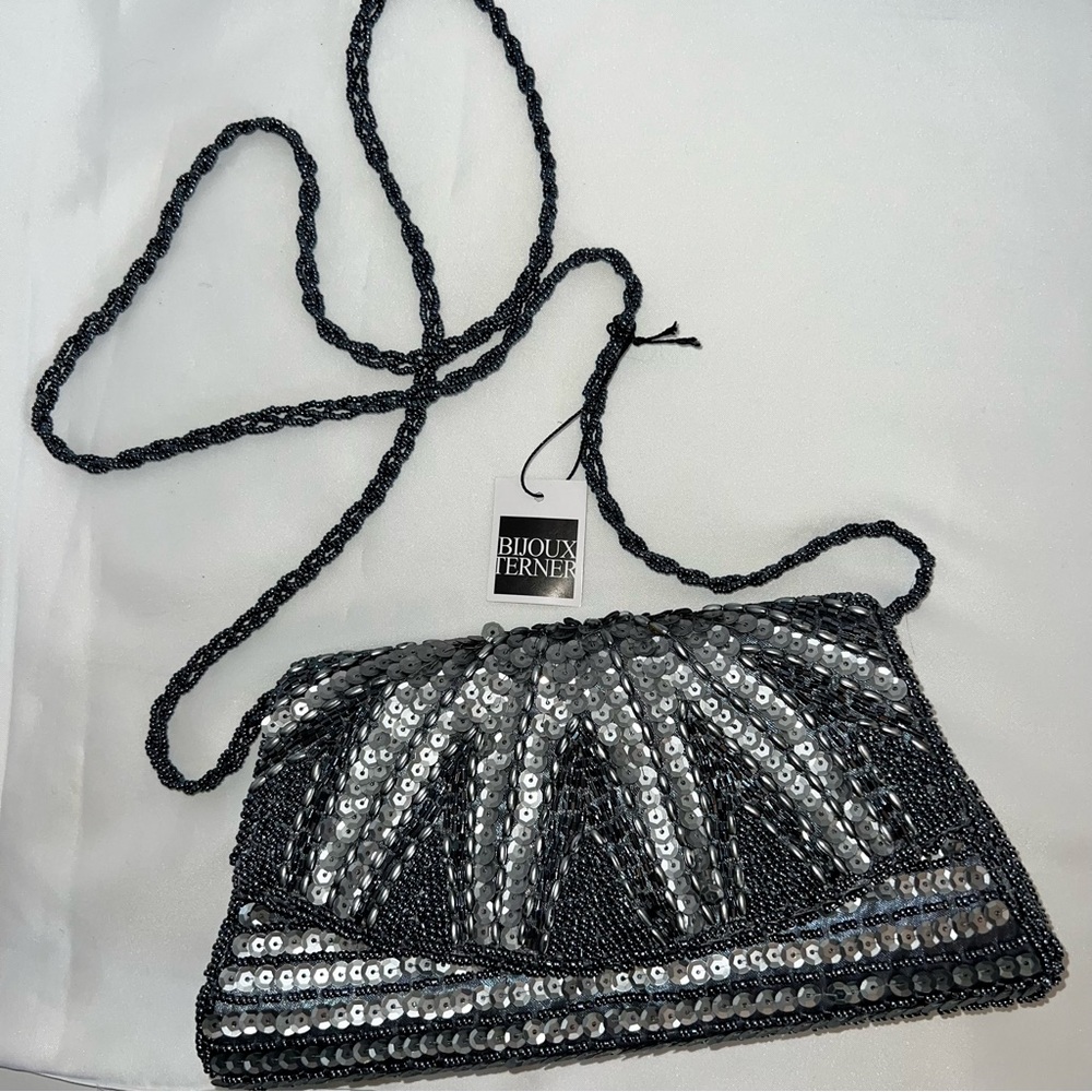 NWT BIJOUX TERNER BAG MINI EVENING CLUTCH SEQUINED #10518 GRAY SILVER